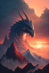 i see huge mountain at horizon and dragon sitting on it peak in the light of rising sun  - obrazy, fototapety, plakaty