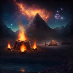 campfire in an alien landscape 