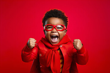 A child in red superhero costume shows exciting joyful emotions - obrazy, fototapety, plakaty