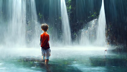 boy standing under waterfall head tilted forward 8k high detail beautiful water bright skin tone  - obrazy, fototapety, plakaty