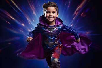 A child in a purple superhero costume shows exciting joyful emotions