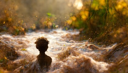 boy standing under flowing water head tilted forward 8k high detail beautiful water bright skin tone 