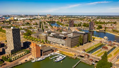 Papier Peint photo Lavable Rotterdam Picturesque summer landscape from a drone in the Delfshafen district in the city of Rotterdam, located on the right bank of ..the New Meuse River, Netherlands