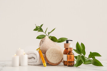 Set of spa supplies on white background