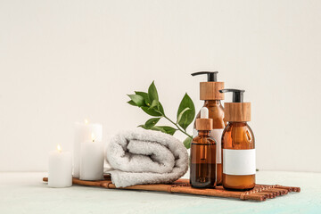 Set of spa supplies on white background