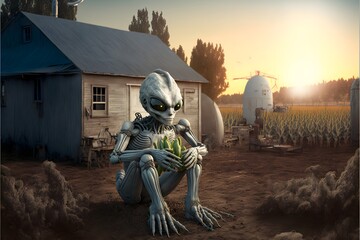 Alien at the farm colour picture full body shot ultra detailed photorealistic  - obrazy, fototapety, plakaty