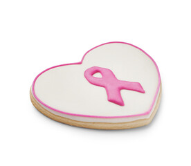 Heart shaped cookie with pink ribbon on white background. Breast cancer awareness concept