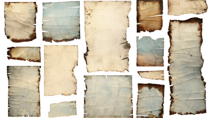 Vintage Ripped Paper Collection: Grungy Stained Scraps for Digital Collages on Transparent Background - obrazy, fototapety, plakaty