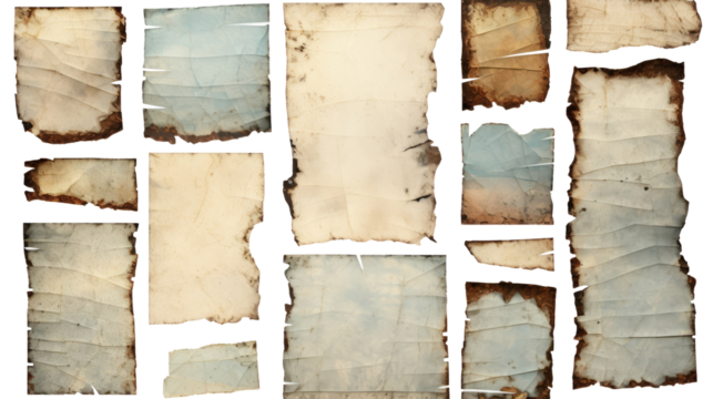 Vintage Ripped Paper Collection: Grungy Stained Scraps for Digital Collages on Transparent Background