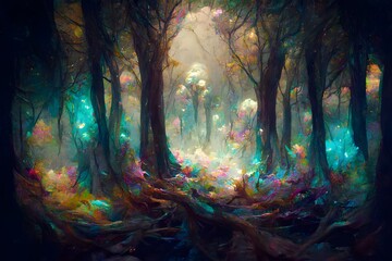 ethereal spirit forest3 foggy whimsical microbokeh fungi and branches multicolored leaves cinematic coverart photography 8k lsd abstract dmt psychedelia holographic ascension ar 2113 q 2 chaos 10  - obrazy, fototapety, plakaty