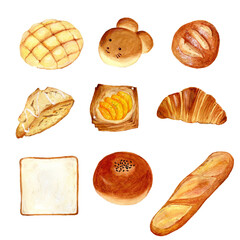 手描き水彩の美味しそうなパンのセットイラスト