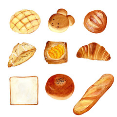 手描き水彩の美味しそうなパンイラストセット, Hand-painted Watercolor Delicious Bread Illustration Set