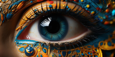 Auge Irisaufnahme mit wunderschönen Lidschatten Nahaufnahme Querformat für Banner, ai generativ