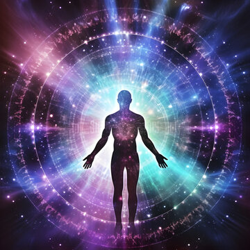 Metaphysical depiction of a human being with light emitting around him. A concept of meditation and human energy. Generative ai. 