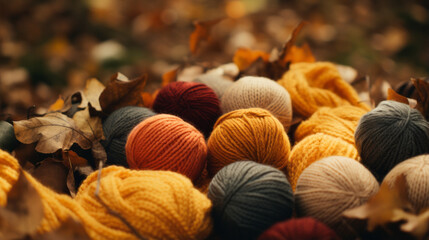 A pile of balls of yarn sitting on top of leaves - obrazy, fototapety, plakaty