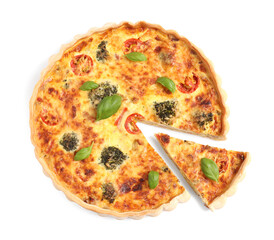 Delicious homemade vegetable quiche isolated on white, top view