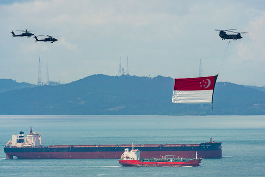 Singapore - July 26 2020: State Flag flypast by RSAF helicopters for NDP at Singapore.