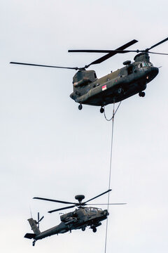 Singapore - July 26 2020: State Flag flypast by RSAF CH-47F helicopters for NDP at Singapore.