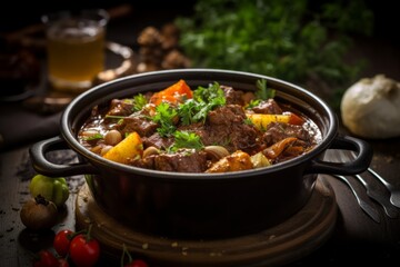A mouthwatering close-up of Eintopf, a traditional German stew, simmering with flavorful...