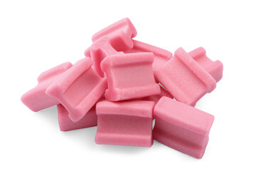 Pile of tasty pink chewing gums on white background