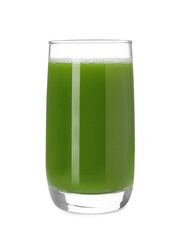 Glass of fresh celery juice on white background