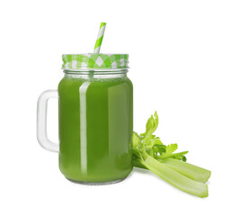 Celery juice in mason jar and fresh vegetable on white background
