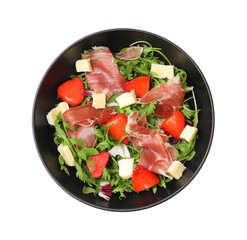 Tasty salad with brie cheese, prosciutto and strawberries isolated on white, top view