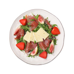 Tasty salad with brie cheese, prosciutto, strawberries and figs isolated on white, top view
