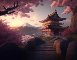 Rolgordijnen Ancient Japanese temple at sunset © Yehonatan