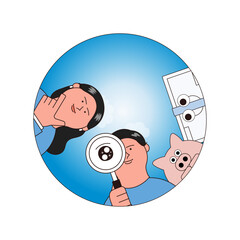 調べる男女とブタ＆お札のキャラクター