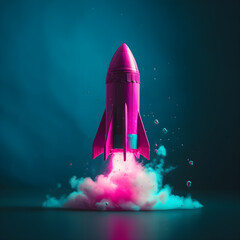A pink rocket taking off into the sky