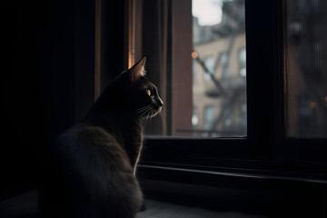 A cat sitting on a window sill looking out the window