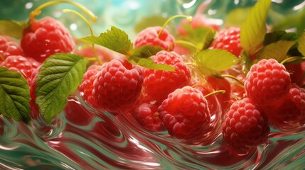 A bunch of raspberries with leaves floating in water
