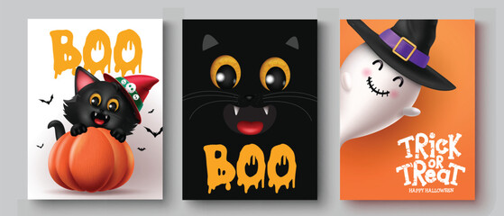 Halloween tags vector set poster design. Trick or treat greeting card gift tags with cute cat and friendly ghost for kids party dedication background. Vector illustration horror invitation card 