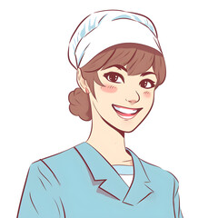 A cartoon of a woman in scrubs and a white hat