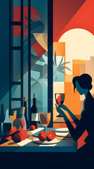 A flat illustration of a woman sitting at a table with a glass of wine