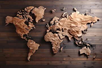 world map made of wood on a wooden slat background