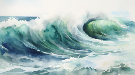 A watercolor painting of a large wave in the ocean