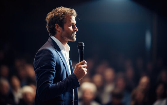 Male Business Speaker Giving A Talk At Business Conference Event. Generative AI