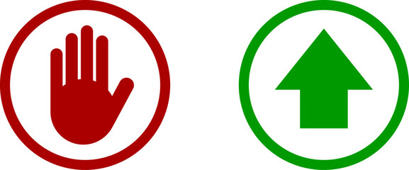 Yes No or OK Stop Red and Green Round Circle Badge Icon Set with Hand Adblocker and Arrow This Way Sign. Vector Image.