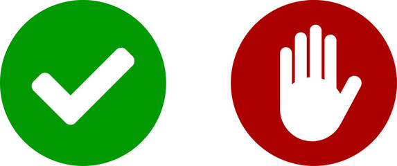 Yes No or OK Stop Green and Red Round Circle Badge Icon Set with Tick Checkmark and Hand Adblocker Sign. Vector Image.
