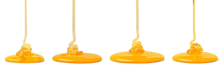 Pouring sweet honey on white background, set