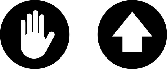 Yes No or OK Stop Black and White Round Circle Badge Icon Set with Hand Adblocker and Arrow This Way Sign. Vector Image.