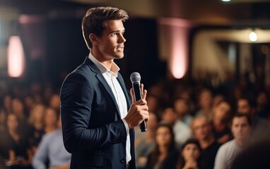 Male Business Speaker Giving A Talk At Business Conference Event. Generative AI
