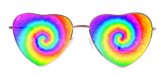 Hippie accessory. Stylish heart shaped sunglasses with bright spiral pattern on lenses on white...