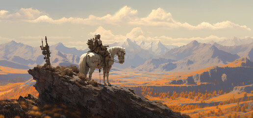 A fantasy scene of a knight wearing advanced iron armor on his travel to a far away place