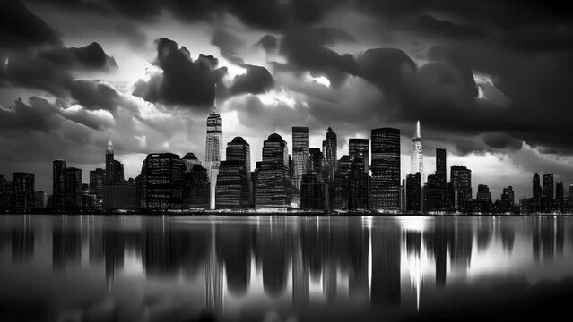 New York City Skyline in Black and White, Lower Manhattan, One World Trade Center, Skyscrapers, Stunning Scenic Landscape Wallpaper, Generative AI