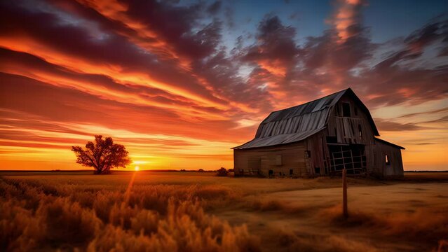 An old barn near a Kansas farm field during a peaceful colorful red sunset, Stunning Scenic World Landscape Background, Generative AI