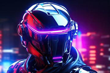 Futuristics robot cyborg with neon cyberpunk light helmet. Blue pink and purple colorful tone.
