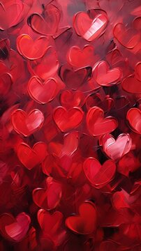 A painting of many red hearts on a red background